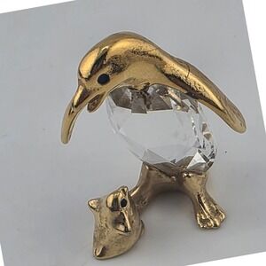 VTG Gold Tone 
Penguin & Baby Crystal Figurine minintrinket‎ Display
